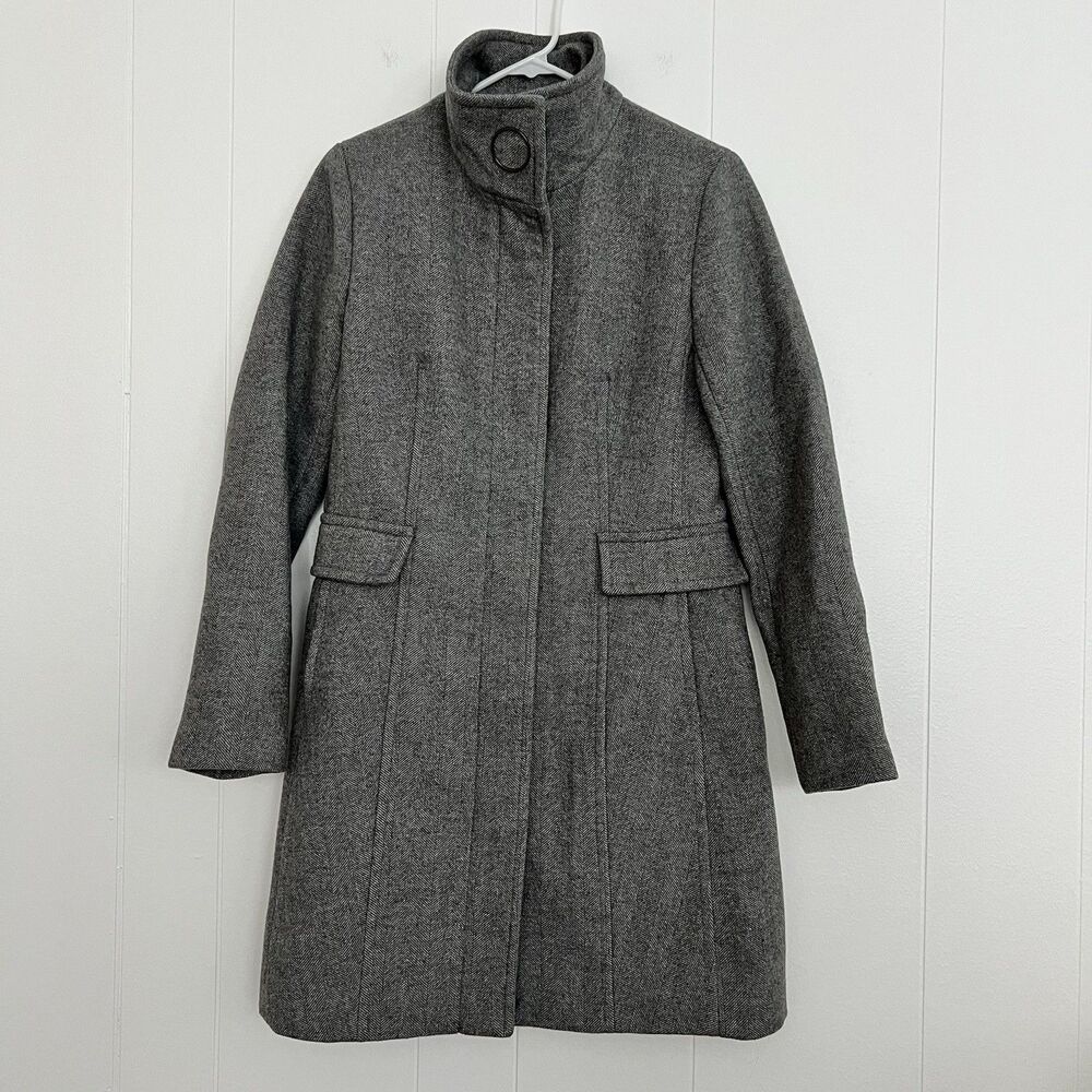 Calvin Klein Classic Gray Herringbone Zip Mid Length Wool Winter Coat Women’s XS